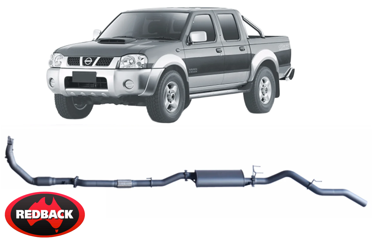 EXTREME DUTY EXHAUST SYSTEM W/ LARGE MUFFLER TO SUIT NISSAN NAVARA D22 YD25DDTI 2.5L I4 01/07 ON CAB
